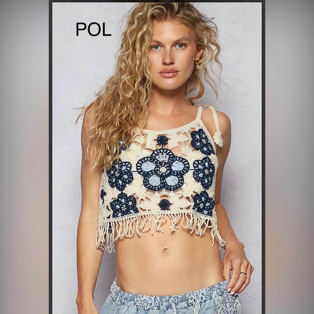 BP214-5💙POL perfect Crochet top in navy+tan w/amazing details 4 festival fun! - Picture 5 of 6